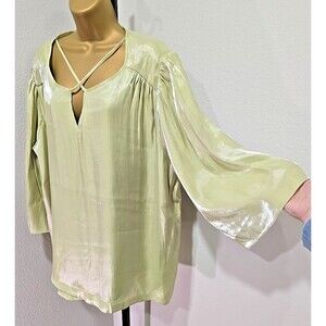 Cato Flare Sleeve Top  Sz 22 24 Green Metallic Shimmer Pastel Party Boho Peasant